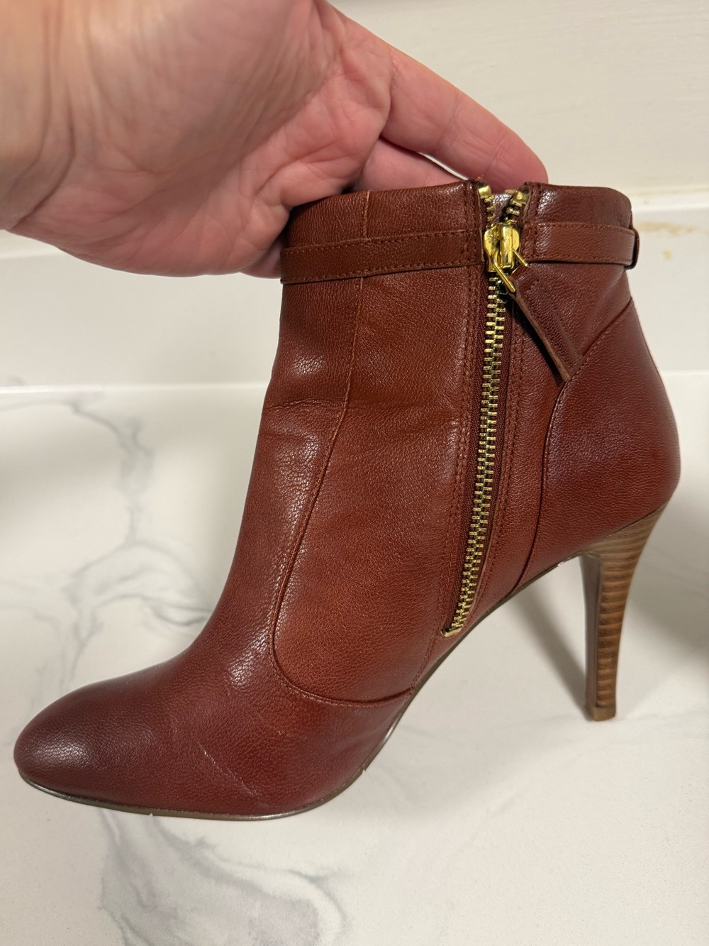 Nine West Cognac Leather High-Heel Ankle Booties with Gold Zippers - Picture 2 of 7